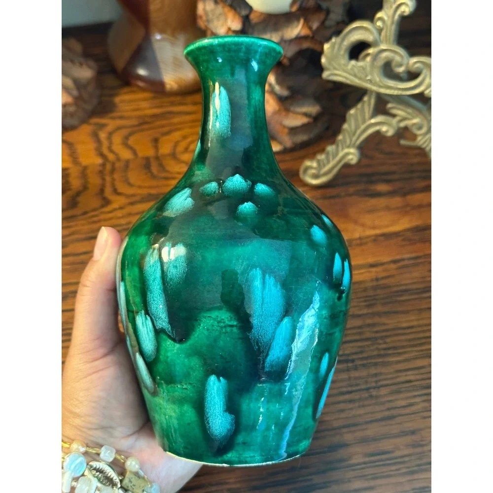 D. Hausen Signed Studio Pottery Vase Green Turquoise Glaze 7.5